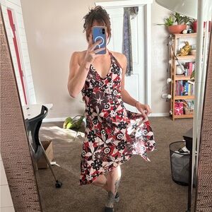 Angie Asymmetrical Floral Dress in Red and Black
